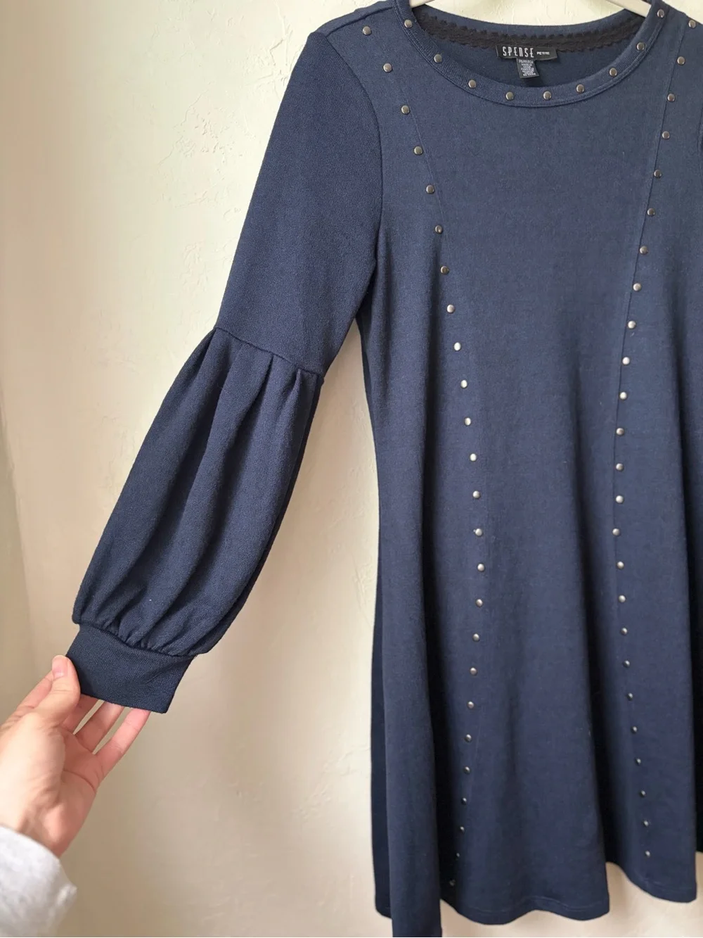 Spense Navy Studded Puff Sleeve Swing Dress Petite PS - Picture 4 of 7